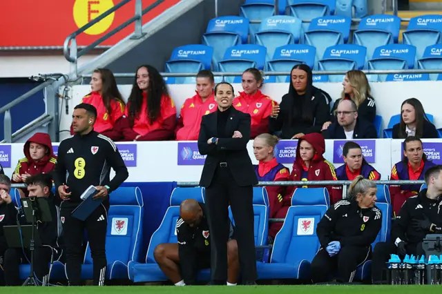 Rhian Wilkinson in the dugout for Wales
