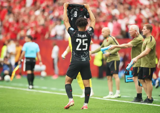 Nathan Saliba #25 of Canada shows the shirt of Ismael Kone #8 as the celebration after scoring the team's fourth goal during the FIFA World Cup 2026 Group B match between Canada and Qatar