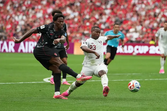 Jonathan David (10) of Canada scores a goal during the 2026 FIFA World Cup First Stage Group B match between Canada and Qatar at BC Place Stadium in Vancouver, Canada