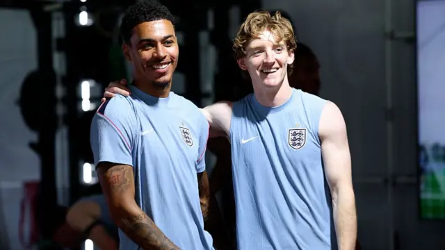 Morgan Rogers #17 and Anthony Gordon #18 of England in the gym