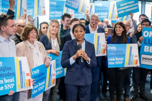 Conservative Party leader Kemi Badenoch campaigns for Aberdeen South candidate Douglas Lumsden during a visit to Cove Rangers FC in Aberdeen this week