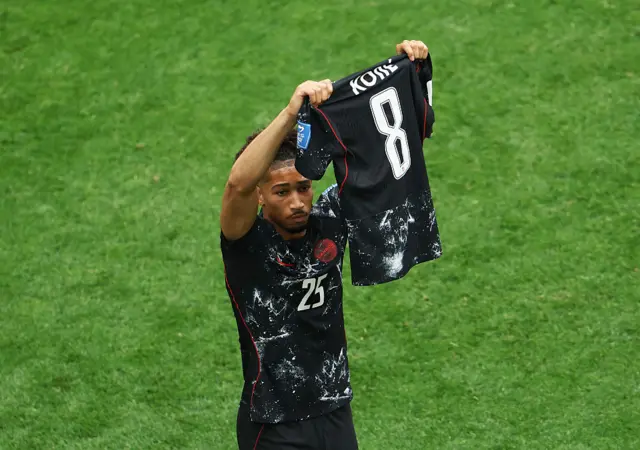 : Nathan Saliba #25 of Canada shows the shirt of Ismael Kone #8 as the celebration after scoring the team's fourth goal during the FIFA World Cup 2026 Group B match between Canada and Qatar