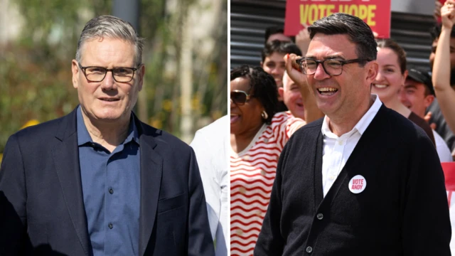A composite of (L) Prime Minister Keir Starmer walking down a street in a dark suit and (R) Andy Burnham standing in front of supporters after winning the Makerfield by-election - wearing a cardigan