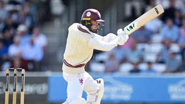 Lewis Goldsworthy plays a shot for Somerset