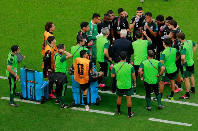 avier Aguirre, Head Coach of Mexico, speaks to players at the hydration break during the FIFA World Cup 2026 Group A match between Mexico and Korea Republic