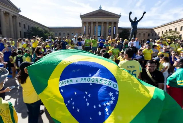 Brazil fans next to Rocky statue