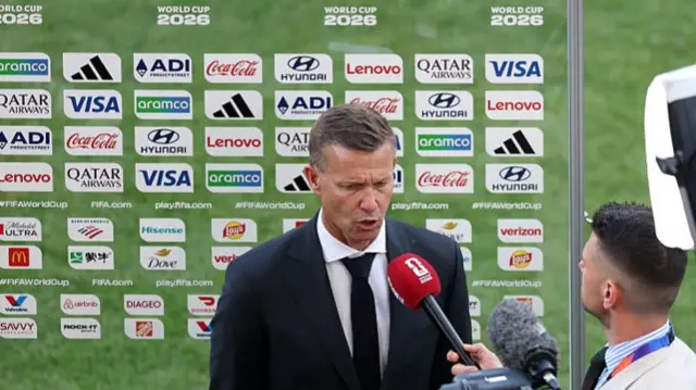 Jesse Marsch, Head Coach of Canada, fields questions in a post-match interview following the 1-1 draw during the FIFA World Cup 2026 Group B match