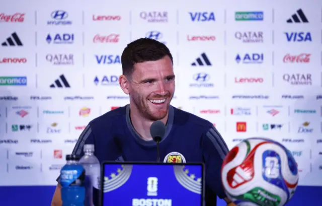 Boston Stadium, Foxborough, Massachusetts, U.S. - June 18, 2026 Scotland's Andy Robertson during the press conference