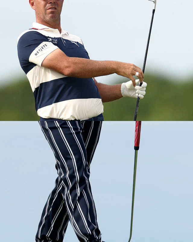A split image of a black and white hooped shirt with black and white striped trousers