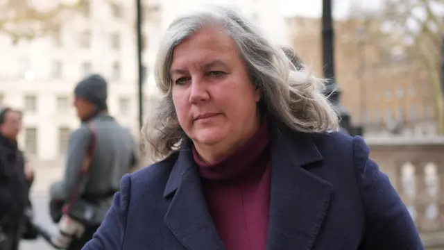 Transport Secretary Heidi Alexander pictured in a navy coat and purple turtle neck sweater walking in central London.