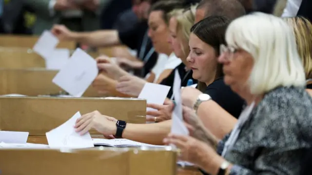 Election workers count votes for the Makerfield by-election, triggered by the resignation of Labour MP John Simons