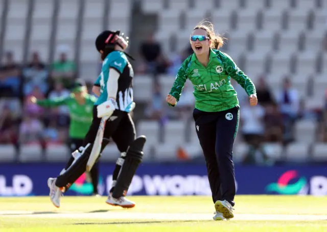 Aimee Maguire of Ireland celebrates taking the wicket of Georgia Plimmer of New Zealand during the ICC Women's T20 World Cup Group B match between New Zealand and Ireland at Hampshire Bowl