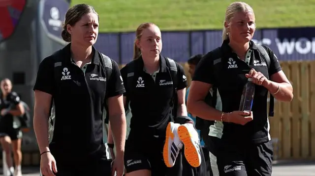 Brooke Halliday and Izzy Sharp of New Zealand arrive at the ground prior to the ICC Women's T20 World Cup Group B match between New Zealand and Ireland at Hampshire Bowl on June 19, 2026 in Southampton, England.