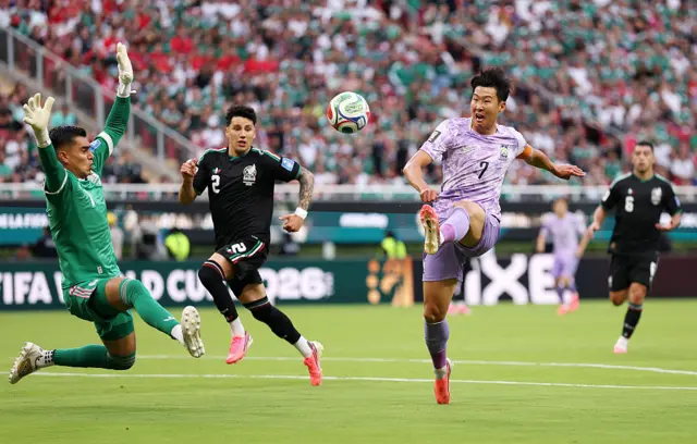 Heung-Min Son #7 of Korea Republic shoots while Raul Rangel #1 of Mexico attempts to save during the FIFA World Cup 2026 Group A match between Mexico and Korea Republic at Guadalajara Stadium