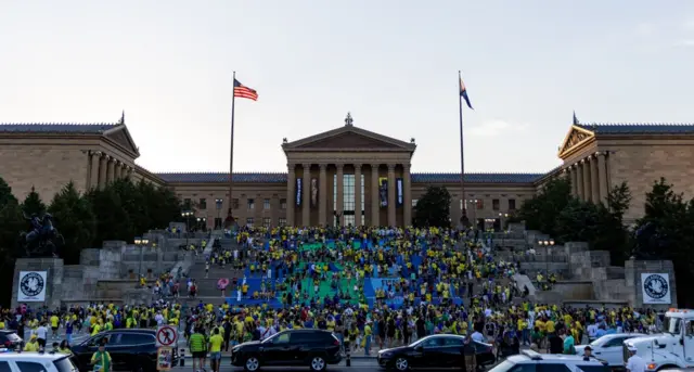 Brazil fans congregate on steps in Philadelphia