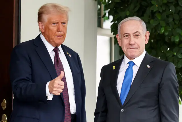 Donald Trump gives a thumbs up to someone off camera as he stands with Benjamin Netanyahu outside the front door of the White House