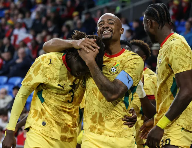 Caleb Yirenkyi (left) of Ghana celebrate's the games first goal with captain Jordan Ayew of Ghana