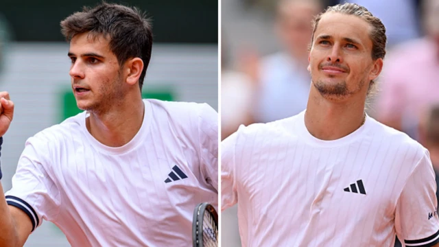Rafael Jodar holds up his fist and Alexander Zverev is smiling