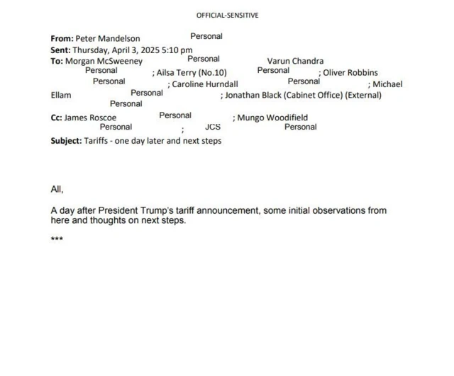 The day after Donald Trump announced "Liberation Day" tariffs on 2 April 2025, Mandelson wrote an email to No 10 chief of staff Morgan McSweeney and Foreign Office chief Olly Robbins - much of it was redacted in the file release yesterday