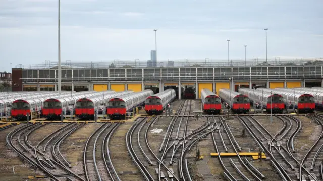 Rows of stationary Tune trains at London's Boston manor depot