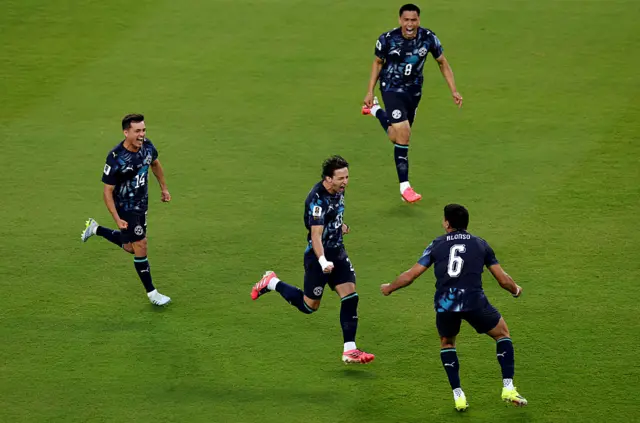 Matias Galarza #23 of Paraguay celebrates with teammates after scoring the team's first goal during the FIFA World Cup 2026 Group D match between Türkiye and Paraguay