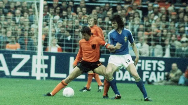 Johann Cruyff in action against Sweden in the 1974 World Cup