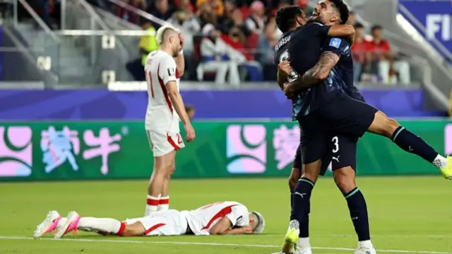 Junior Alonso #6 and Omar Alderete #3 of Paraguay celebrate after the 1-0 win during the FIFA World Cup 2026 Group D match between Türkiye and Paraguay