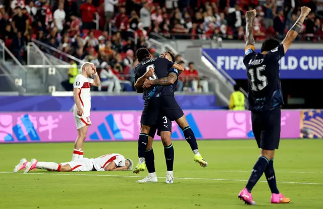 Junior Alonso #6 and Omar Alderete #3 of Paraguay celebrate after the 1-0 win during the FIFA World Cup 2026 Group D match between Türkiye and Paraguay