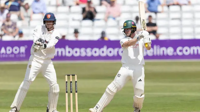 Jack Haynes hits a boundary for Notts