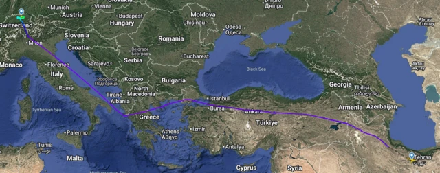 Screengrab shows path of flight from Tehran to Zurich