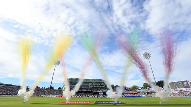 Pyrotechnics ahead of the ICC Women's T20 World Cup match at the Headingley, Leeds