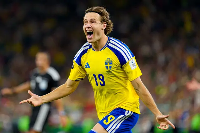 Mattias Svanberg of Sweden celebrates after scoring his team's fourth goal