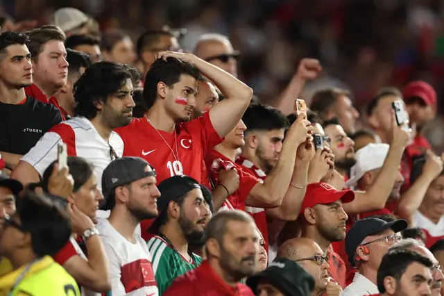 Turkiye fans react in the stands during the FIFA World Cup 2026 Group D match between Türkiye and Paraguay at San Francisco Bay Area Stadium