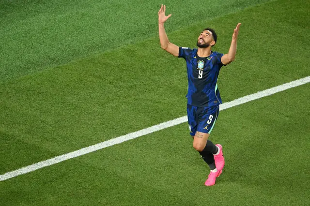 Matheus Cunha celebrates scoring his team's first goal during the 2026 World Cup Group C football match between Brazil and Haiti at the Philadelphia Stadium in Philadelphia