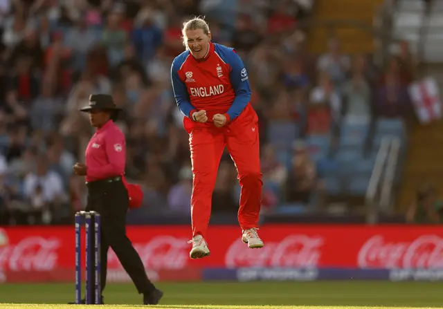 Sophie Ecclestone celebrates the wicket of Kathryn Bryce