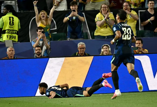 Brazil's forward #09 Matheus Cunha celebrates scoring his team's second goal during the 2026 World Cup Group C football match between Brazil and Haiti at the Philadelphia Stadium