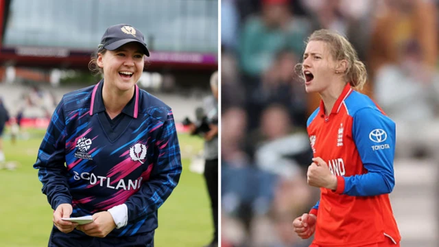 Kathryn Bryce (left, wearing a blue and pink patterned Scotland shirt and blue cap) and Charlie Dean (right, wearing a red England shirt with blue sleeves, clenches her fist))