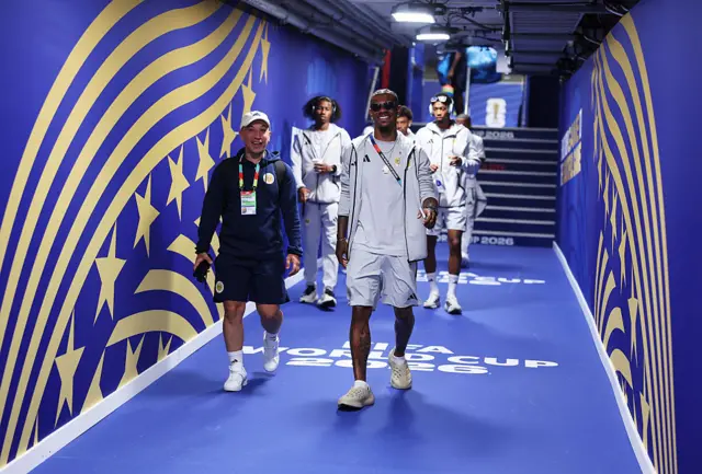 Juninho Bacuna #7 of Curacao arrives with teammates before the FIFA World Cup 2026 Group E match between Ecuador and Curacao at Kansas City Stadium