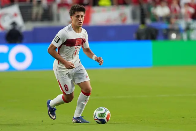 Arda Guler of Turkiye in action during the 2026 FIFA World Cup First Stage Group D match between Turkiye and Paraguay at the San Francisco Bay Area Stadium