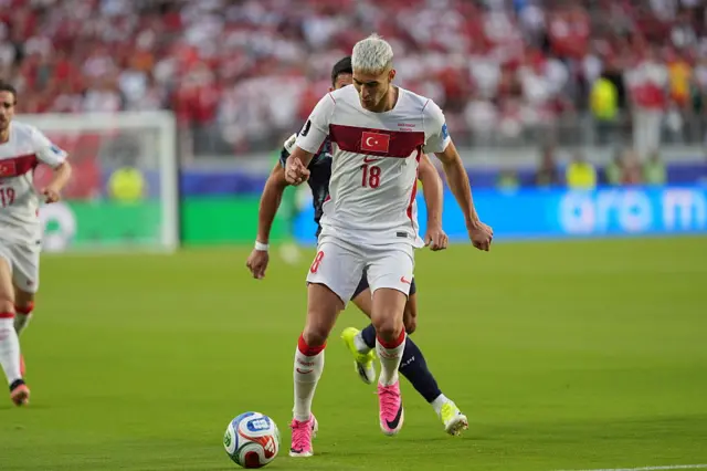 Mert Muldur (18) of Turkiye in action during the 2026 FIFA World Cup First Stage Group D match between Turkiye and Paraguay at the San Francisco Bay Area Stadium