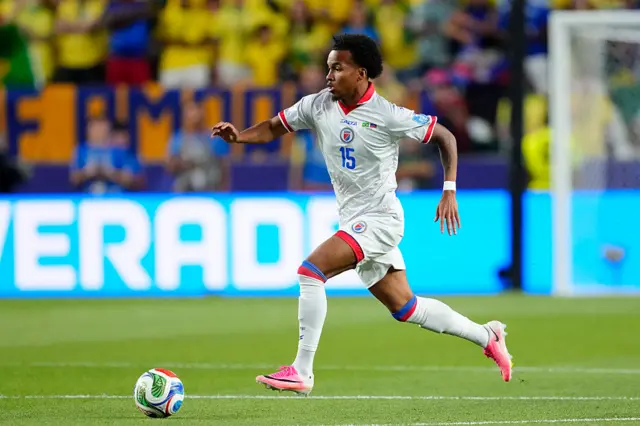 Ruben Providence of Haiti runs with the ball during the FIFA World Cup 2026 Group C match between Brazil and Haiti at Philadelphia Stadium