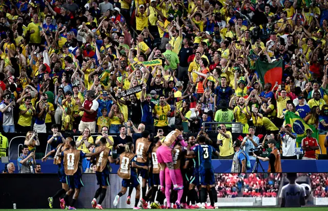 Brazil fans celebrate after the team's first goal by Matheus Cunha #9 during the FIFA World Cup 2026 Group C match between Brazil and Haiti at Philadelphia Stadium
