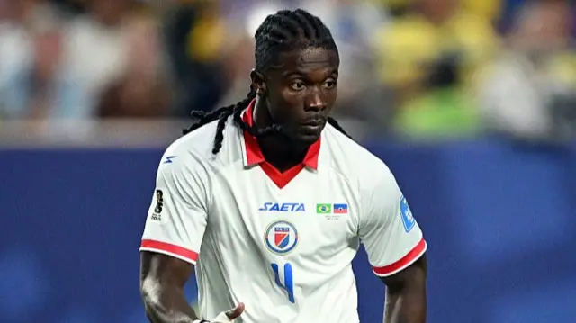 Haiti's defender #04 Ricardo Ade controls the ball during the 2026 World Cup Group C football match between Brazil and Haiti at the Philadelphia Stadium in Philadelphia
