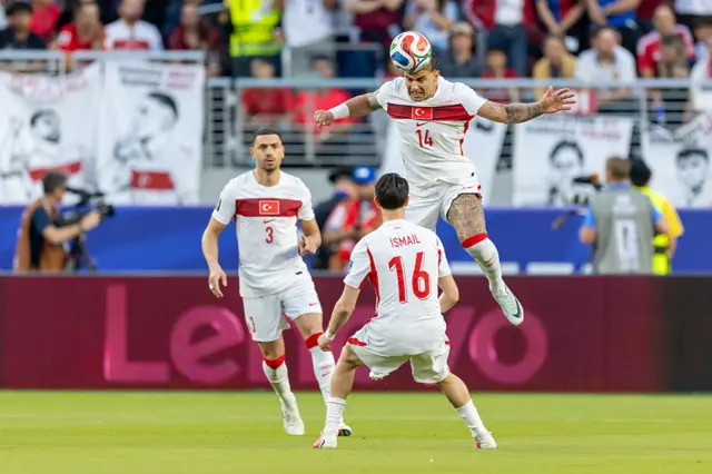 Abdulkerim Bardakc #14 of Turkiye heads the ball during the FIFA World Cup 2026 Group D match between Turkiye and Paraguay