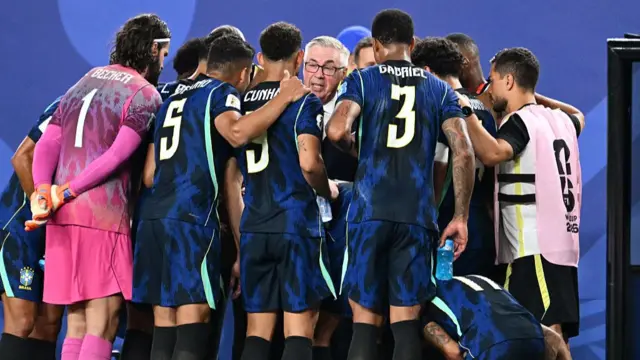 Brazil's Italian head coach Carlo Ancelotti speaks to his players during the hydration break of the 2026 World Cup Group C football match between Brazil and Haiti at the Philadelphia Stadium