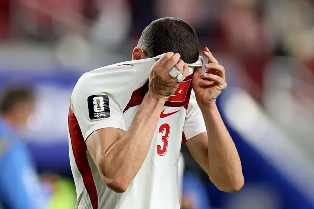Merih Demiral #3 of Turkiye reacts after the 0-1 loss during the FIFA World Cup 2026 Group D match between Türkiye and Paraguay