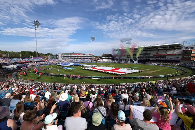 A general view inside the stadium during national anthems prior to the ICC Women's T20 World Cup Group B match between England and Scotland at Headingley