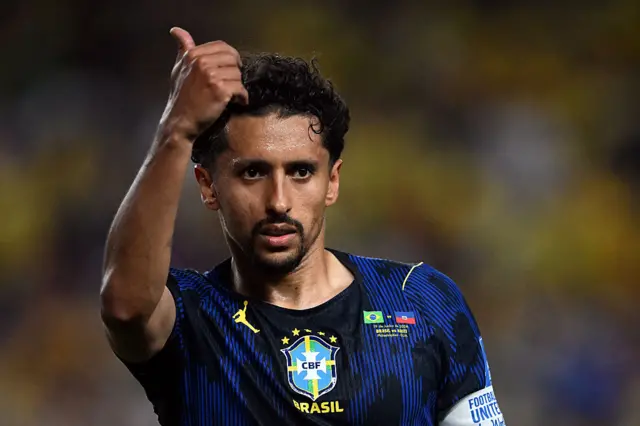 Brazil's defender #04 Marquinhos reacts during the 2026 World Cup Group C football match between Brazil and Haiti at the Philadelphia Stadium in Philadelphia