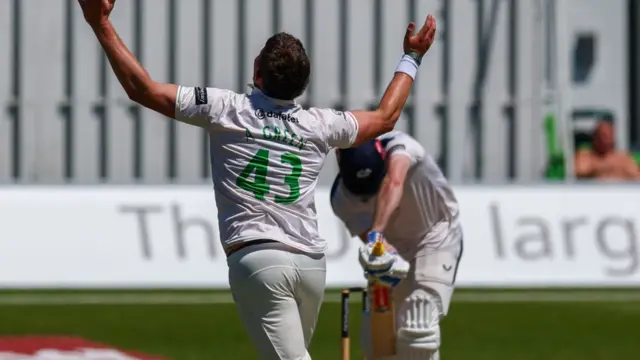 Leicestershire's Alex Green celebrates having Matthew Revis caught behind