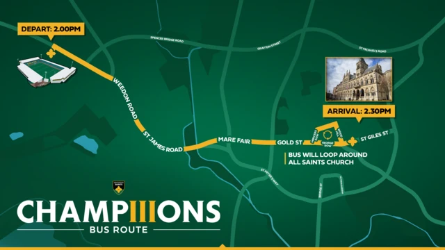 A green map shows the bus route in yellow, starting at the stadium and travelling along weedon road, St James Road, Mare Fair and Gold Street before arriving at the Guildhall
